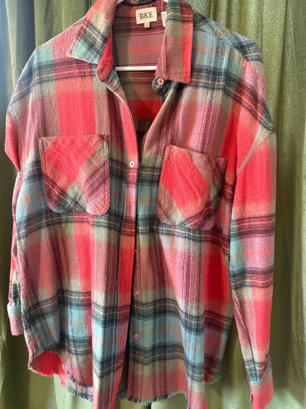 BKE Coral & Teal Plaid Button-Up Shirt Jacket